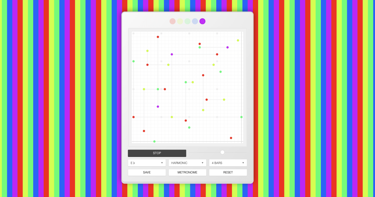 A rainbow pattern background of vertical color lines repeating. In the foreground is a rectangular interface with a grid consisting of some colored circles plotted on it. Beneath are buttons and select boxes. Indicating, Play/Stop, Tempo, Key, measure count, save, metronome, and reset.